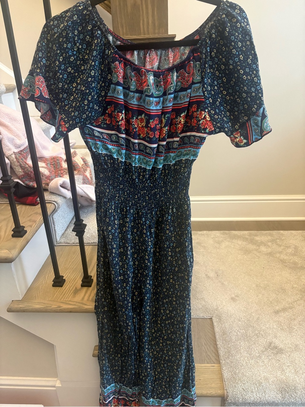 Boho Floral Navy Jumper with Puff Sleeves